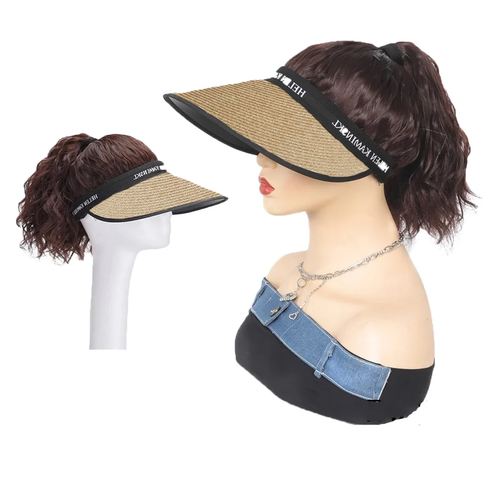Synthetic Wigs Ladies Fashion Beige Khaki hat Wig Wavy hair design mechanism summer shade breathable hair extensions Wig female
