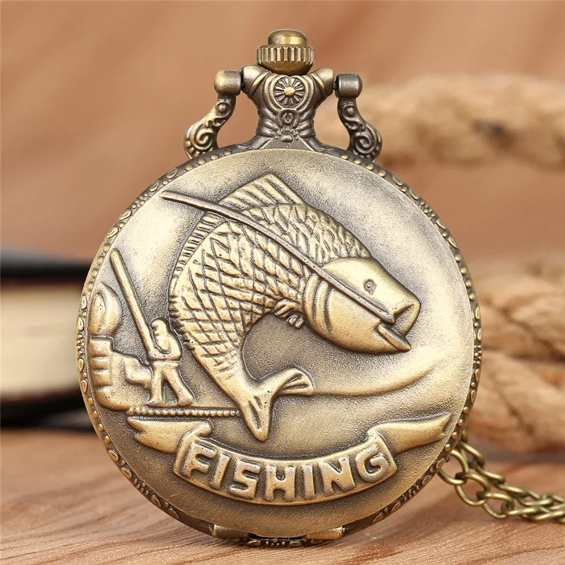 

Antique 3D Fish Design Men Women Fishing Quartz Analog Pocket Watch Sweater Necklace Chain Timepiece Arabic Number Clock Reloj