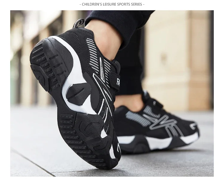 Boys Leather Sneakers - Kids Running Shoes With Rubber Outsole & Hook And Loop Closure
