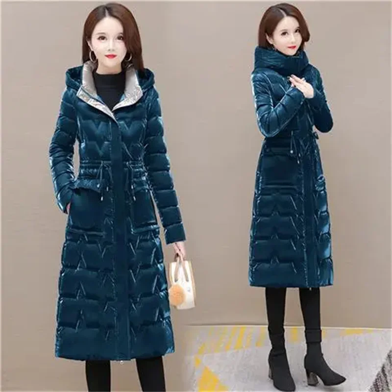 Thick Women's Windproof Long Mother's Down Cotton Coat Women's 2023 Winter Fashion Warm Slim Waist Wrapped Parka Hooded Lace-Up