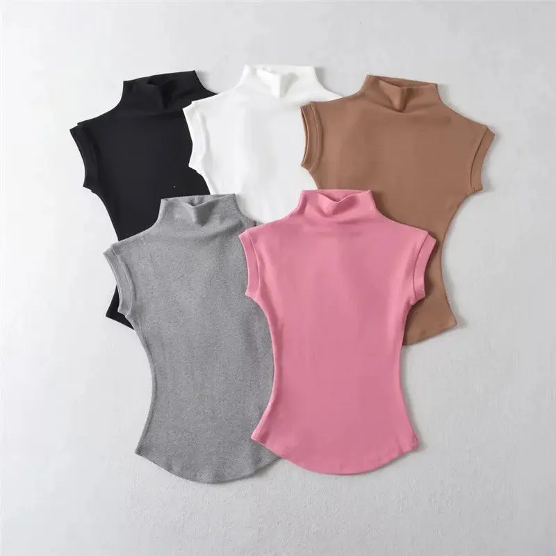 

Women Summer Turtleneck Sleeveless T-Shirts Tops Solid Slim Fit Pullovers Causal Shirts Female Streetwear Basics Versatile Hot