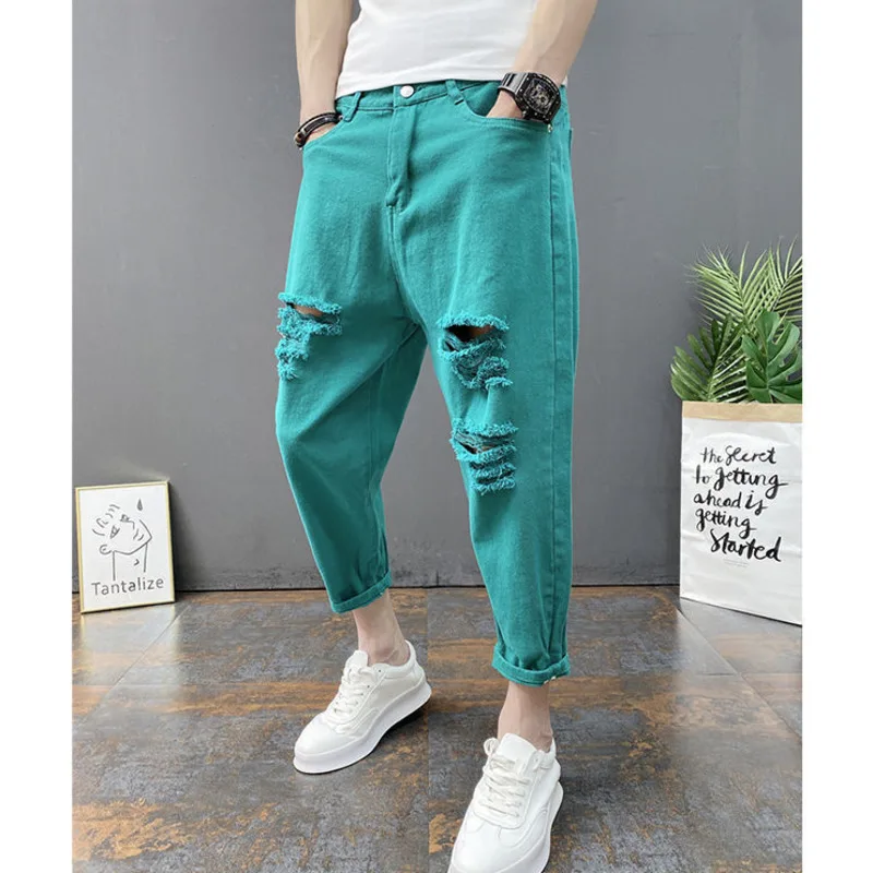 Cropped Trousers New Men's Ripped Jeans Designer With Big Holes
