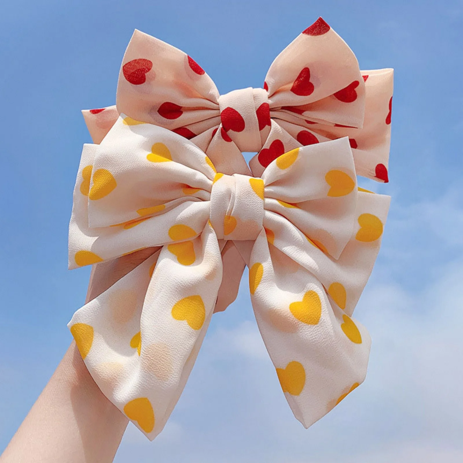 1PC Cute Bow Hair Clips With Three - Layer Design, Yellow Heart & Red Heart Patterns, Sweet Hair Accessories For Girls