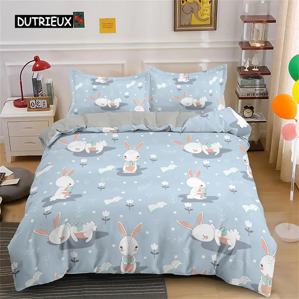 

Cute Cartoon Rabbit Bedding Set Sky Blue Duvet Cover for Home Girl Kids Teens Bedroom Decorations Quilt Cover Comforter Cover