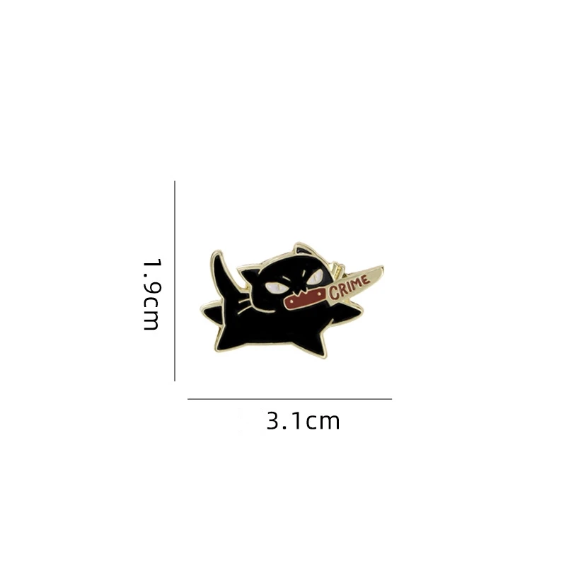 KittyNook Cat Co. Cute Black Cat Enamel Brooch, "CRIME" knife design, 1.9cm x 3.1cm.