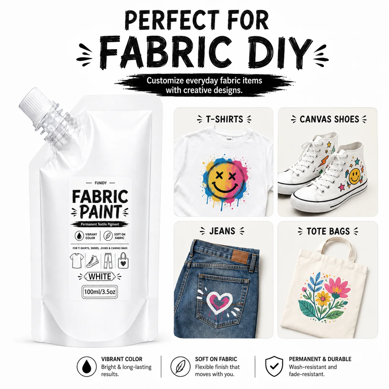 White Fabric Painting Set - Permanent Paint for Clothes, Upholstery, Shoes & Bags