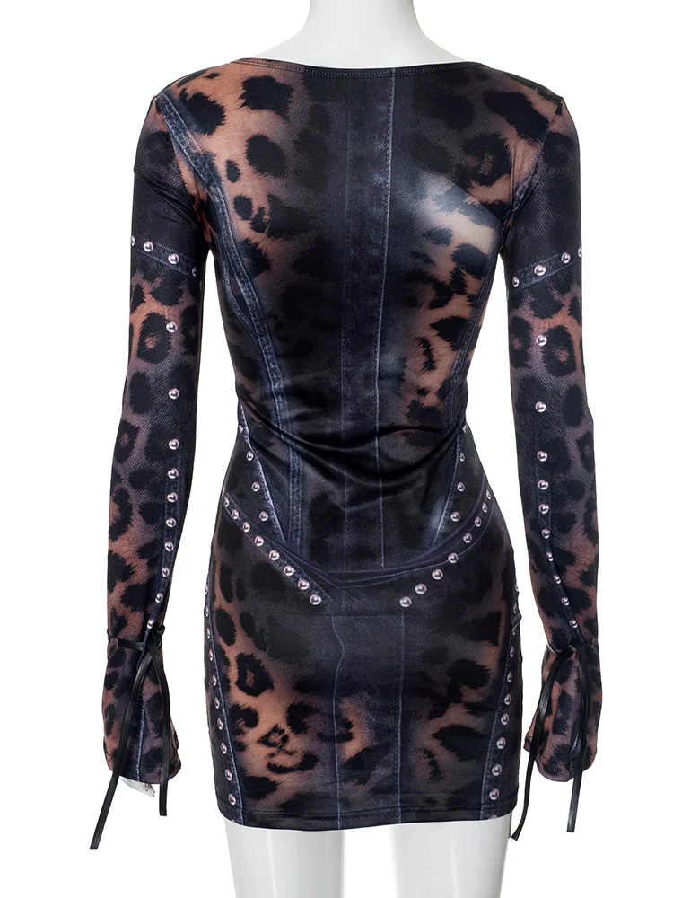 Weird Puss Patchwork Print Dress Women o-Neck Lace-Up Full Sleeve Hottie Trend Skinny Stretch Peach Hip Mini Bodycon Streetwear