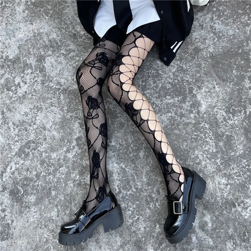 

Sexy Cutout Fishnet Stockings Sweet Cool Hot Girl Pantyhose Pure Desire Style White Silk Personality Rose Black Silk Stockings