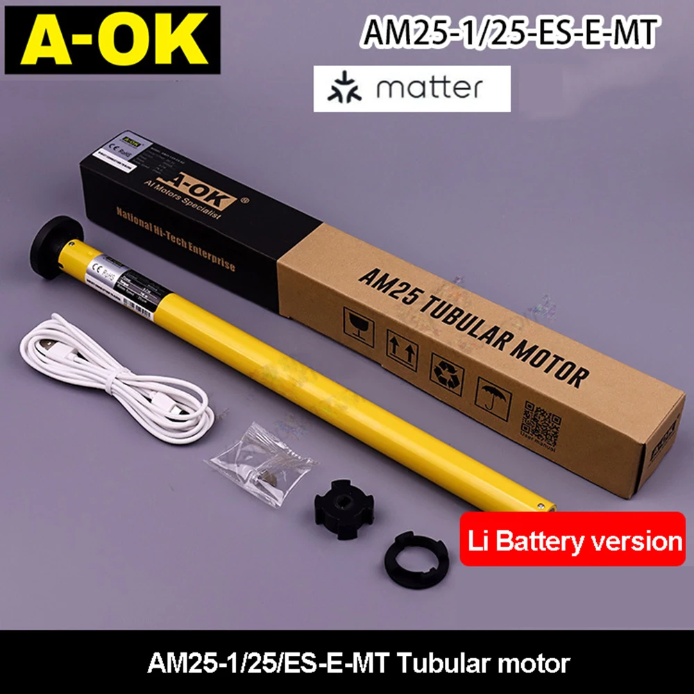 มอเตอร์ม่านม้วนอัจฉริยะ A-OK AM25 Tuya Matter Smart RF แบบท่อ DC ใช้แบตเตอรี่ Li สำหรับท่อขนาด 38 มม. รองรับ Alexa และ Google Home 1