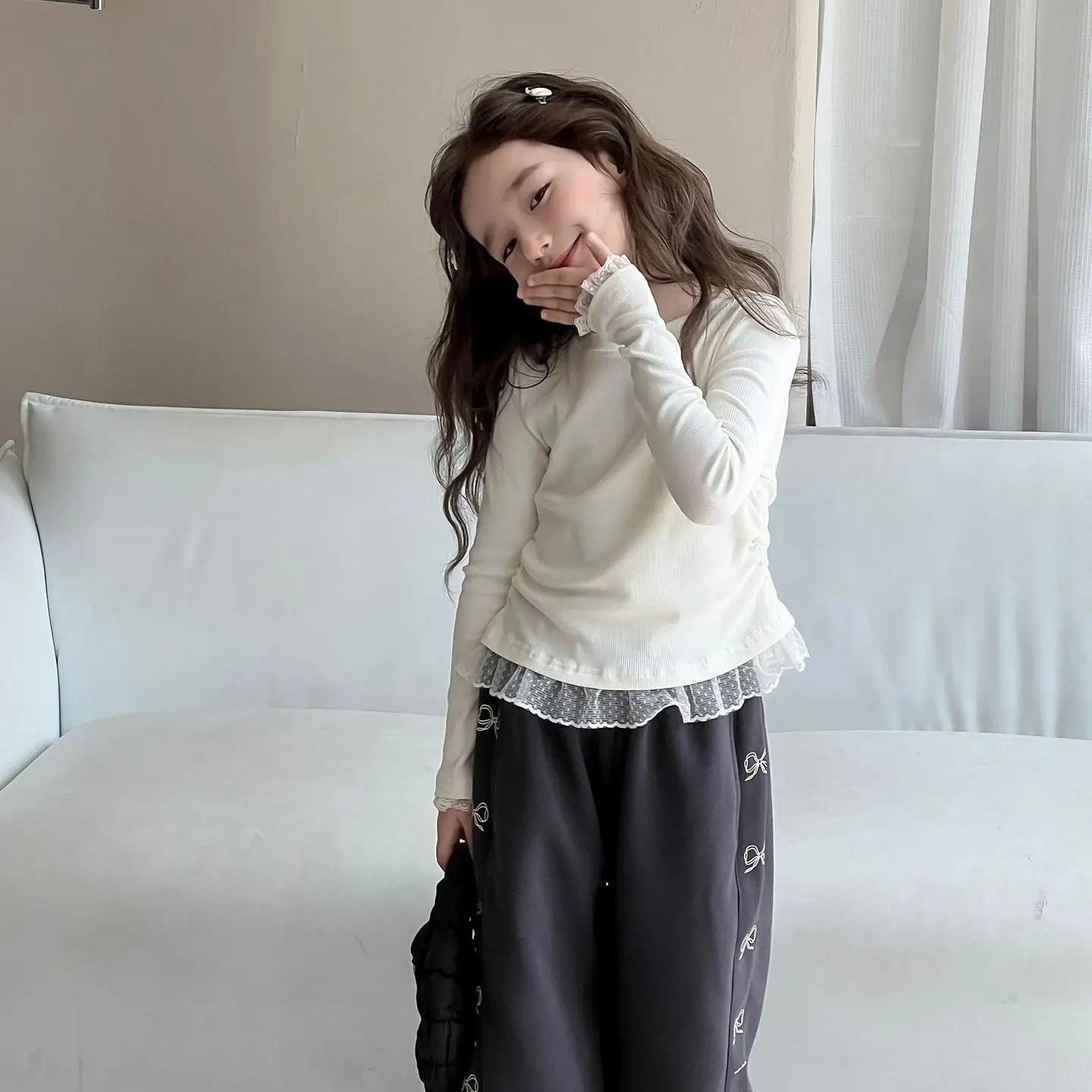 여아 레이스 긴팔 티셔츠 봄 가을 아동 패션 풀오버 탑 다용도 니트 스웨터 한국 스타일 이너웨어