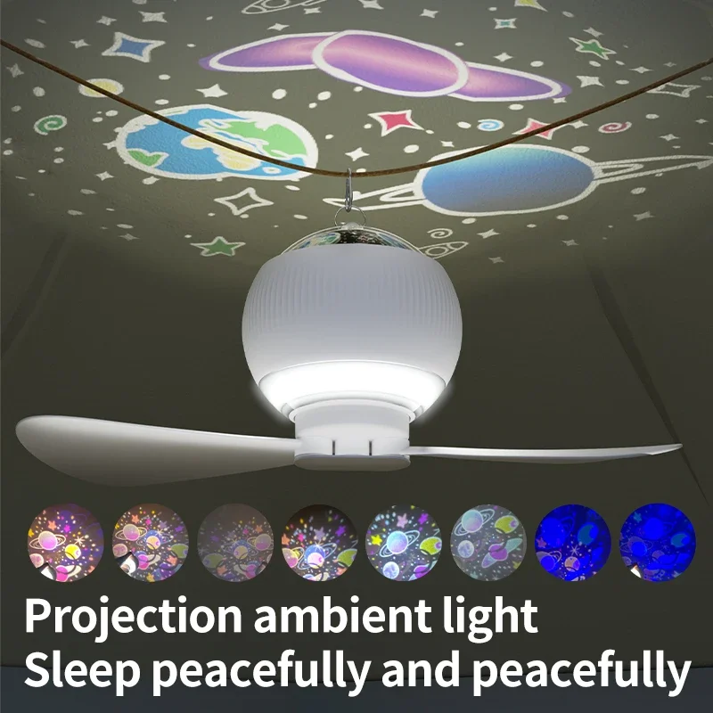 Projection Fan Light 3600mAh USB Rechargeable With Remote Control Portable Camping Light Bedroom Student Dormitory Lighting