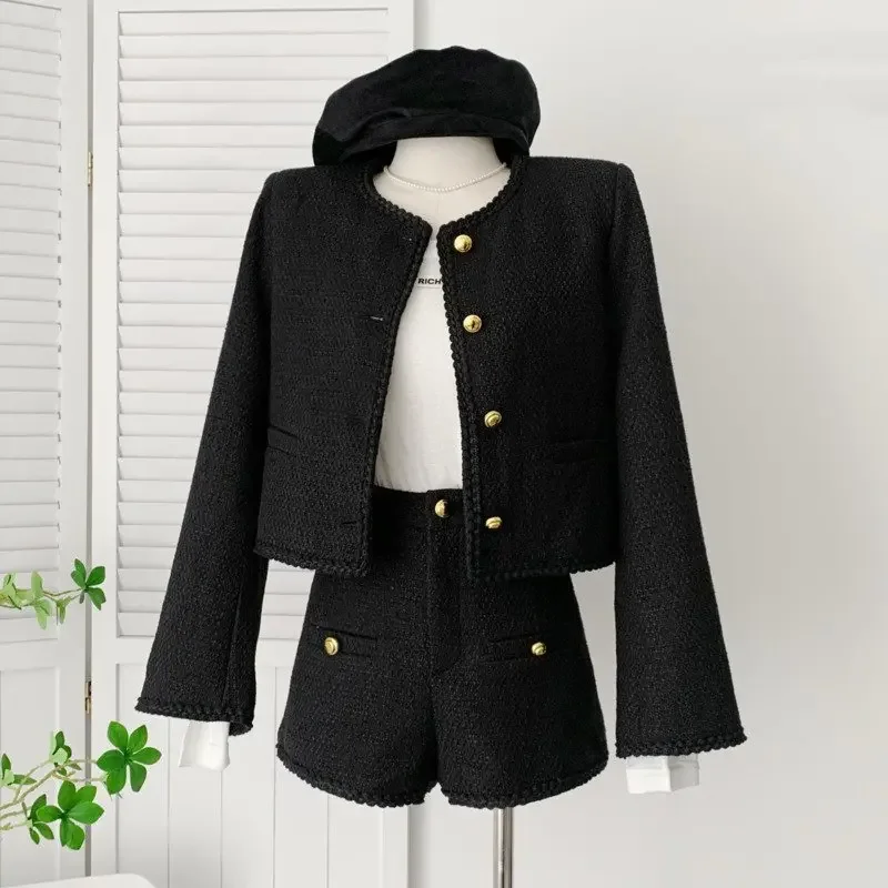 

High Street Luxury Small Fragrance Two Piece Set For Women Jacket Coat + Short Sets Autumn Winter 2 Piece Pant Sets Women Outfit