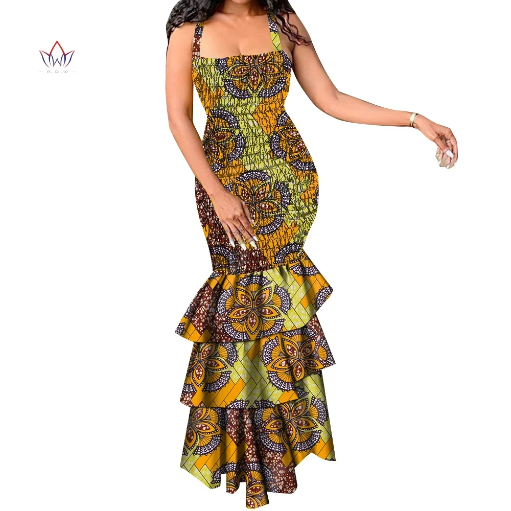 BintaRealWax Halter Dresses Bazin Riche African Clothes for Women Dashiki Sexy Sleeveless Elastic African Print Dress WY298