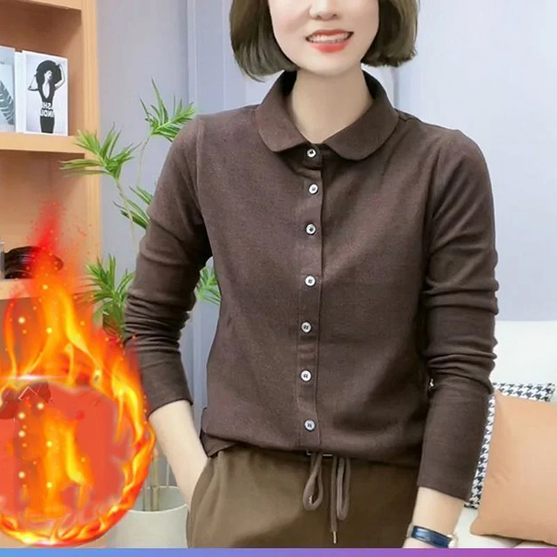 2023 New Autumn and Winter Fashion Polo Collar Button Thickened Velvet Shirt Temperament Commuter Mom Casual Bottom Shirt