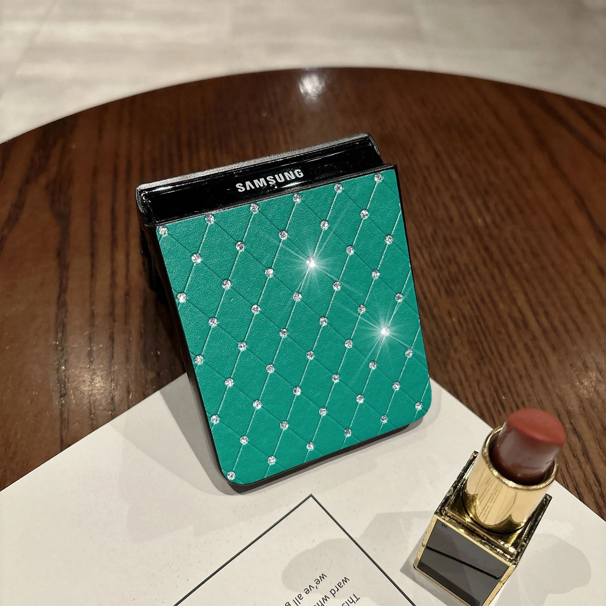 Rhombus Grid Pattern Leather Phone Case with Faux Diamond Ring Buckle