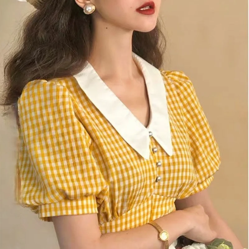 

Yellow Blouses Summer Kawaii Puff Sleeve Plaid Shirt Women Checkered French Retro Style 2023 Vintage Cottagecore Crop Top