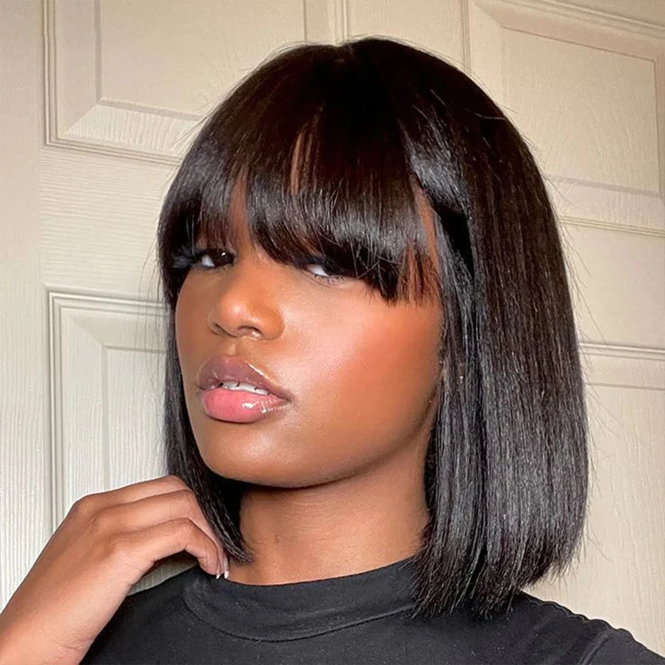 

Wiggogo Middle Part 3X1 Lace Wig Short Bob Wig Glueless Wig Human Hair Ready To Wear And Go Straight Human Hair Wigs With Bangs