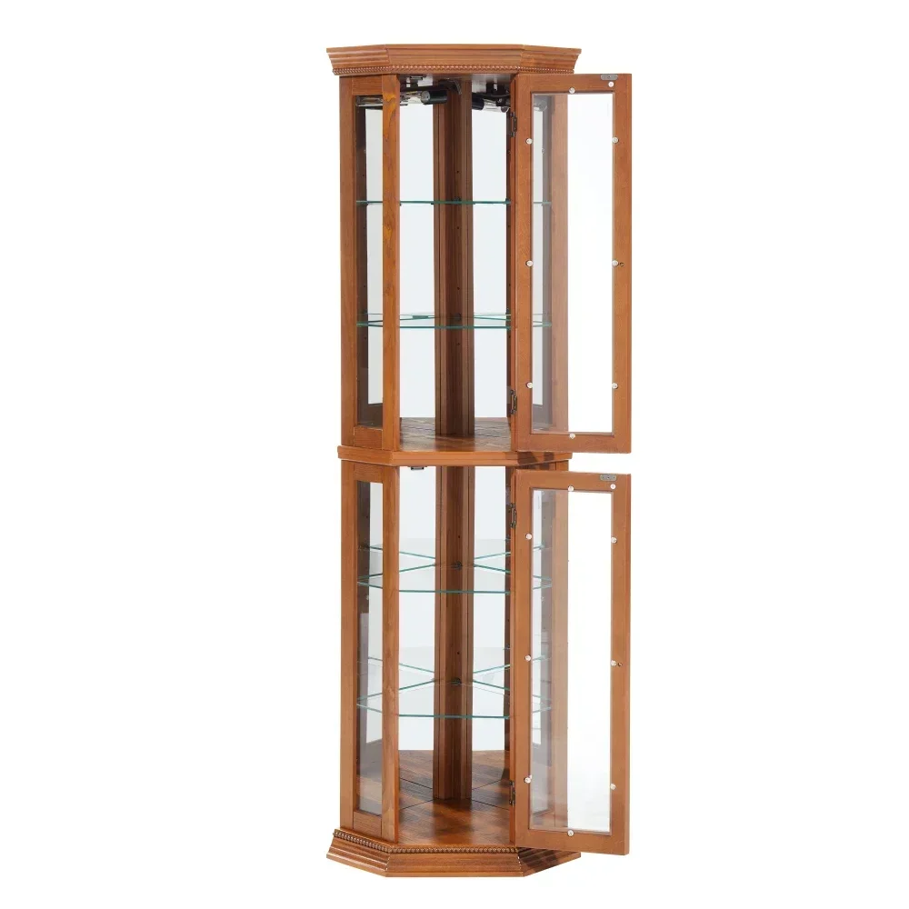 Corner Curio Cabinet Lighted Corner Display, Glass Display Shelf Shelving Bar cabinet with Tempered Glass Door, Bar Cabinet