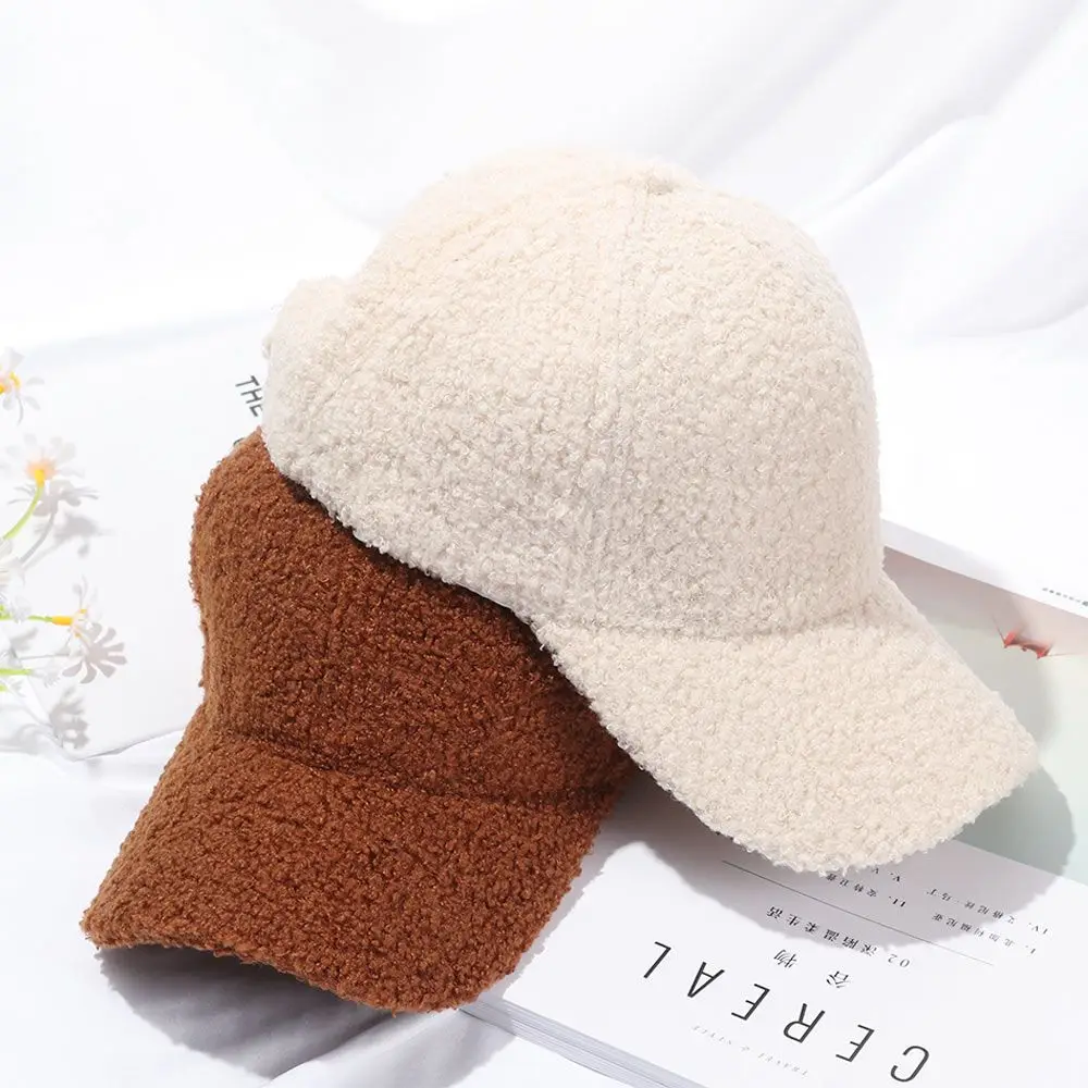 Fashion Lamb Wool Baseball Hats Winter Soft Teddy Velvet Caps Outdoor Warm Thicken Solid Visors Polar Fleece Cap For Women Girl