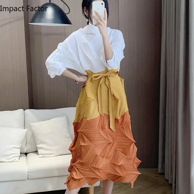 

Miyake Pleated Dress Women Spring and Autumn New Pleated Diamond Contrast Loose Belt Leisure Party Dress 2024 New Design