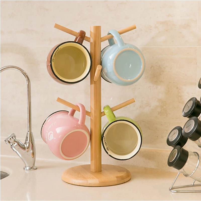 Home Kitchen1 Set Tree Shape Wood Coffee Tea Cup Storage Holder Stand Mug Hanging Display Rack Drinkware Shelf 6 Hooks