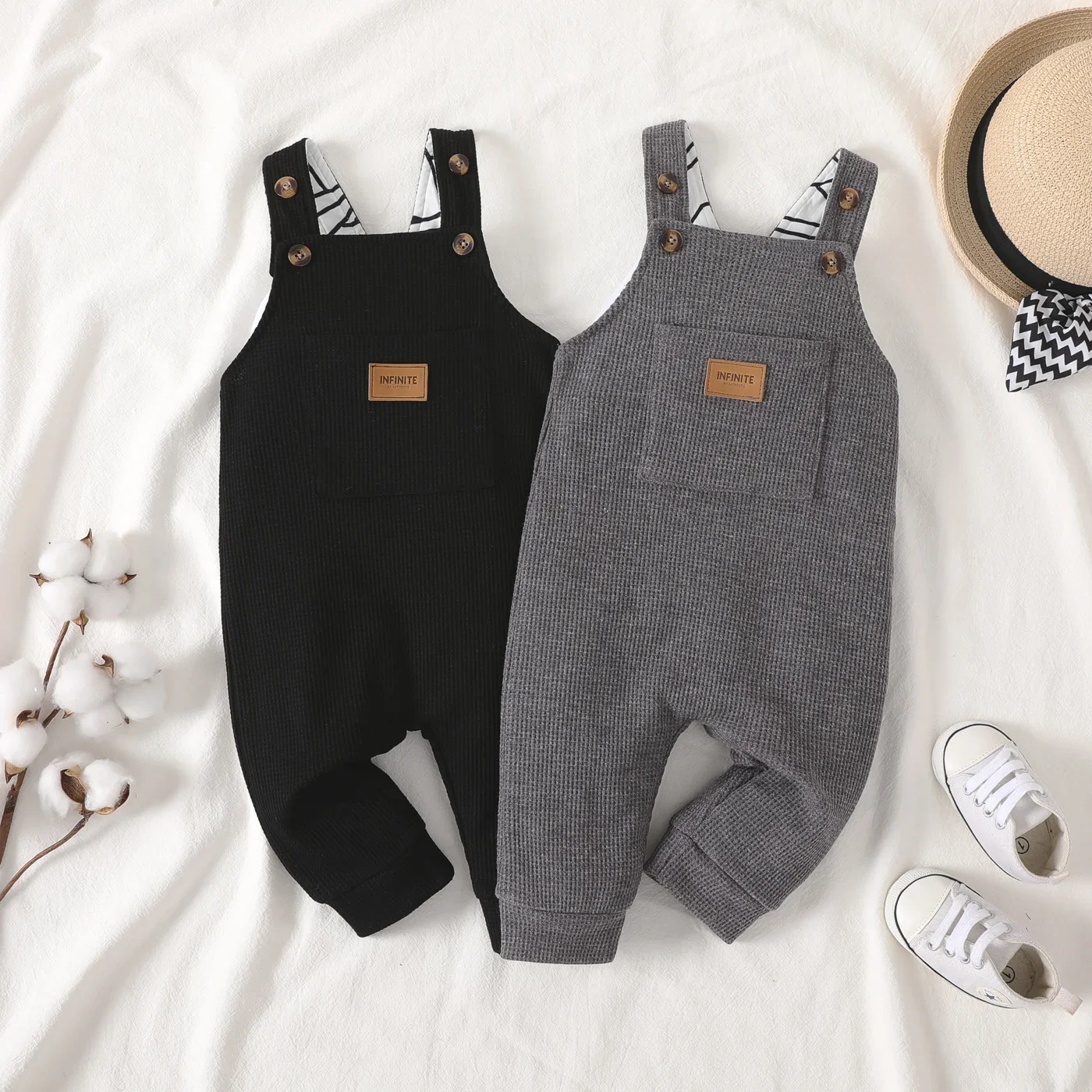 Children overalls PatPat Baby Boy Waffle Letter Patched Pocket Front Overalls skin texture Avant-garde Casual/Outdoor Oversized