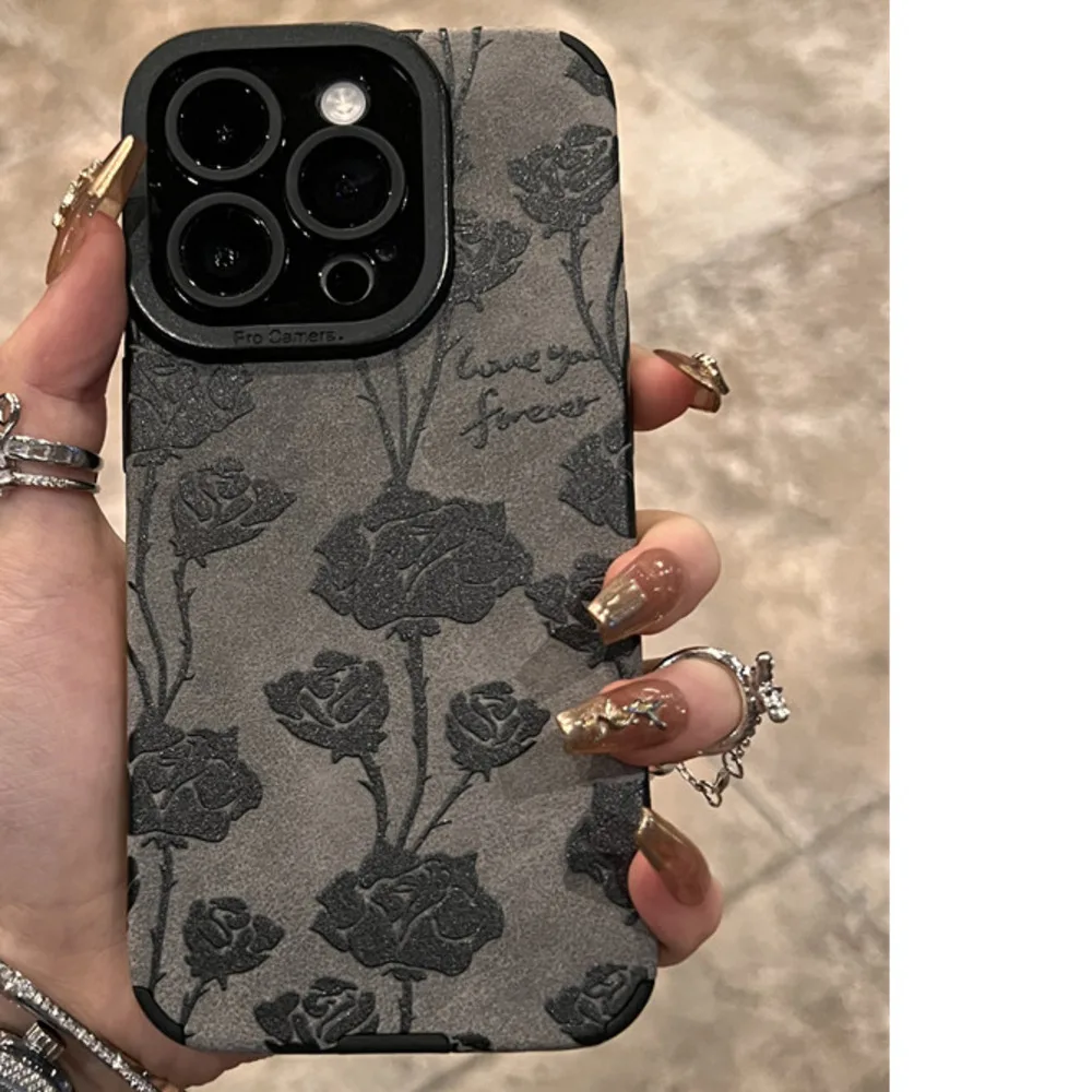 【 High Quality 】 Gray Bottom Black Rose Phone Case New iPhone 15 Promax 13 Set  16 Premium 14 Anti Drop 12 Silicone_voghion.com