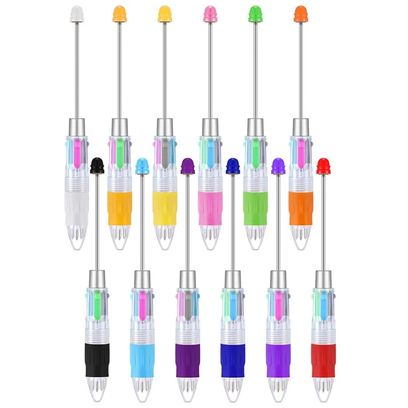 

12 Pcs Multicolor Beadable Pens 4In1 Colored Beads Pen Retractable Ballpoint Pens For DIY Making Kit Students Children Durable