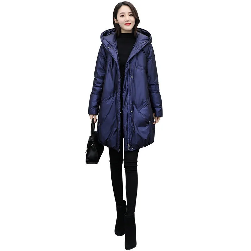 2023 New Women Down Cotton coat Winter Jacket Female mid-length hooded Parkas small fellow thick Outwear shiny surface Overcoat