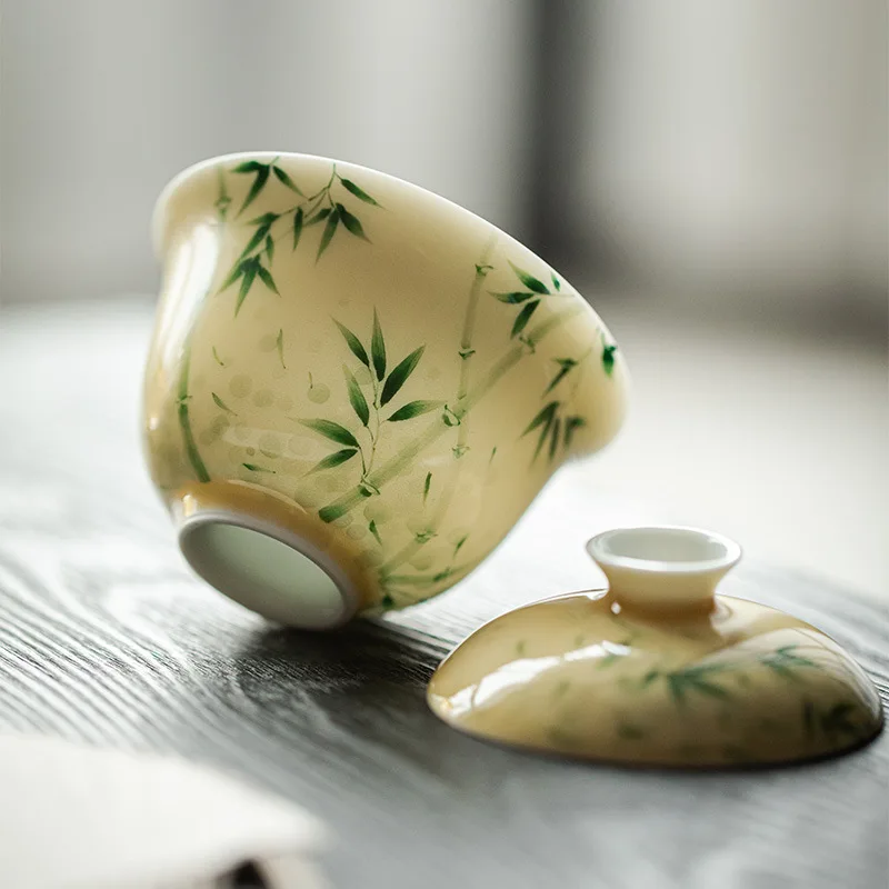 Yellow Hand-painted Xiangfei Bamboo Gaiwan White Porcelain Covered Bowl Chinese Style Tea Set Tea Making Bowl
