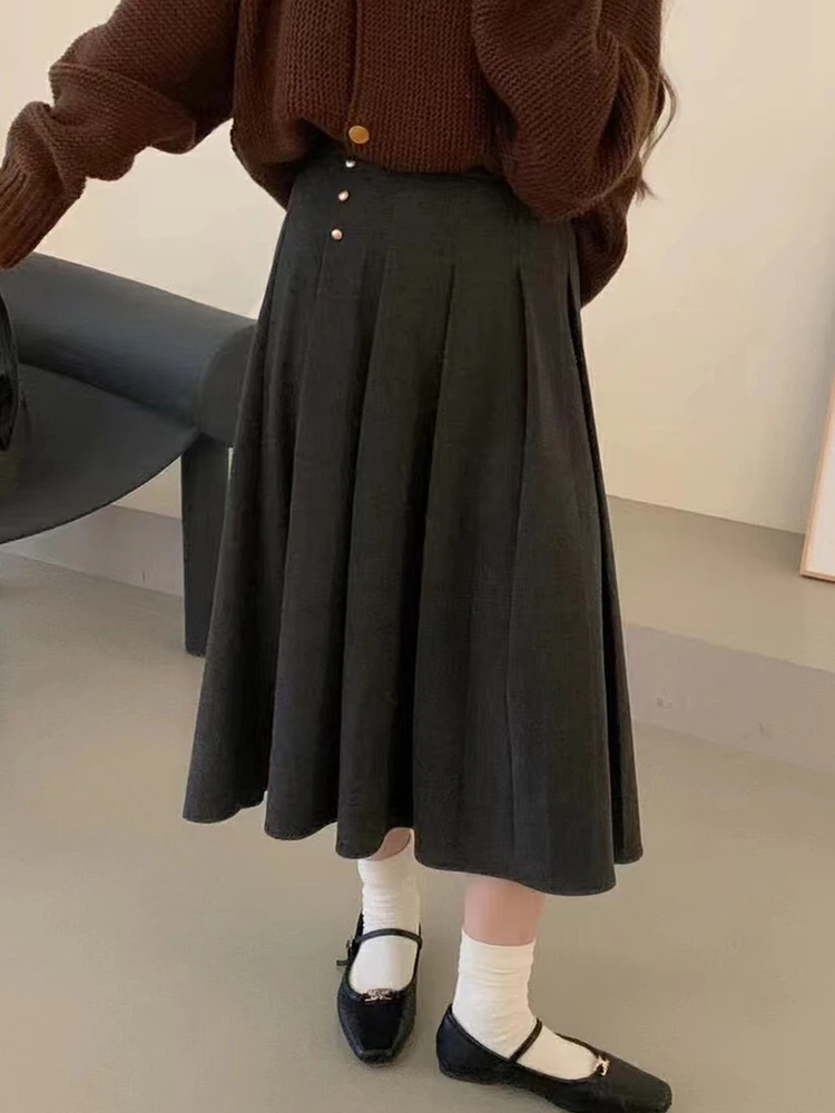 

HOUZHOU Winter Pleated Long Skirt Women Winter Korea Dongdaemun 2023 Woolen High Waist Loose A-line Midi Skirt School Casual