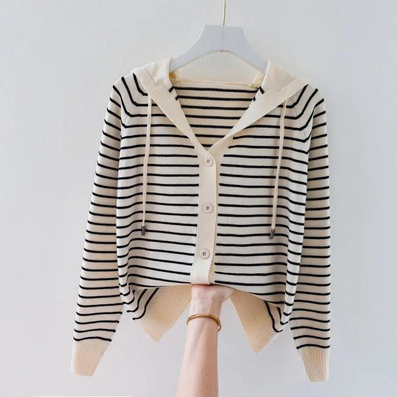 

Stripe Hooded Thin Knitted Cardigan Fall Women Loose Korean Elegant Casual Sweater Single Breasted Oversize Slim Knitewear Tops