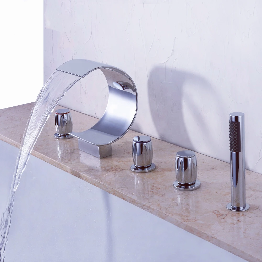 

Contemporary Three Handle Deck Mount Tub Faucet Ceramic Valve Core Basin Faucets Dual Handle Bathroom faucets