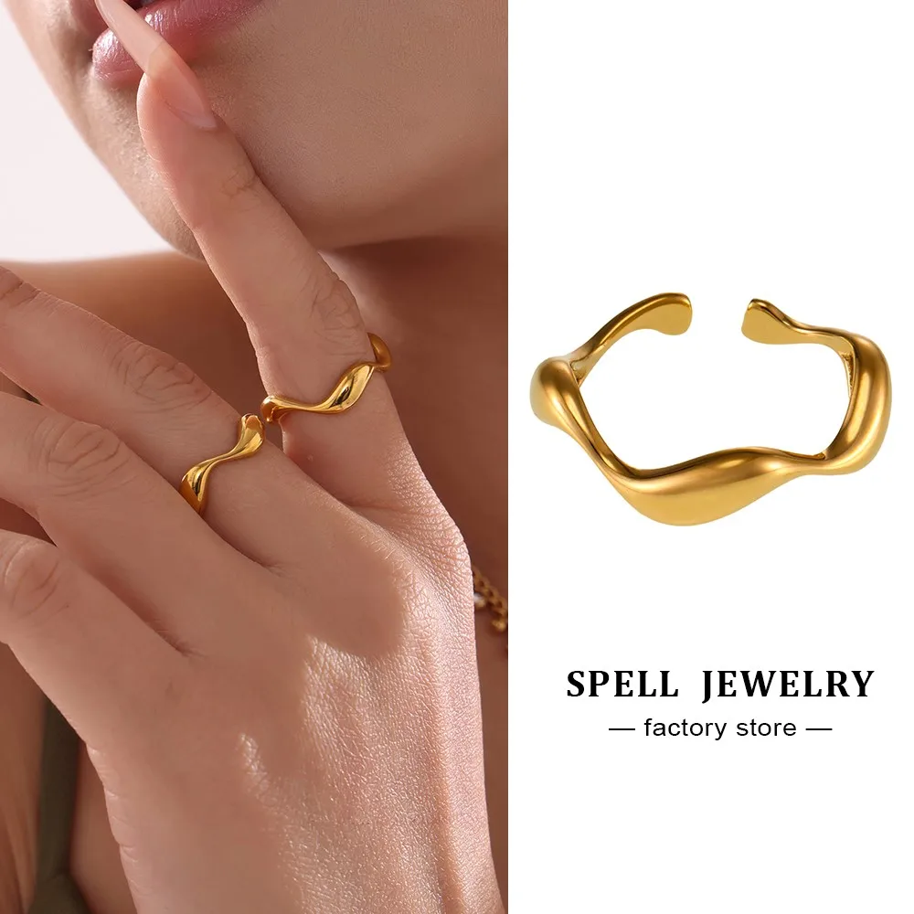 Unregelmäßige Wellenform, einfache Ringe aus Edelstahl für Frauen, 18 Karat vergoldet, wasserdicht, minimalistischer, ästhetischer, offener Ring für Damen