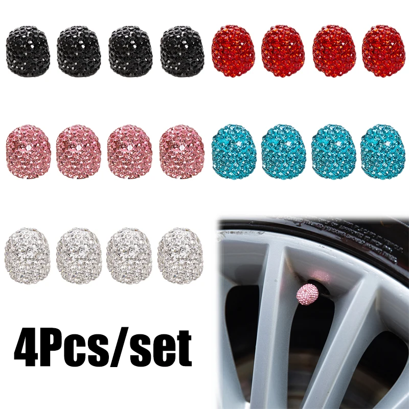 4Pack Car Crystal Rhinestone Tire Valve Caps, Handmade Car Tire Valve Stem Caps Attractive Dustproof Bling Car Accessories Universal Cars Suvs Bike Tr