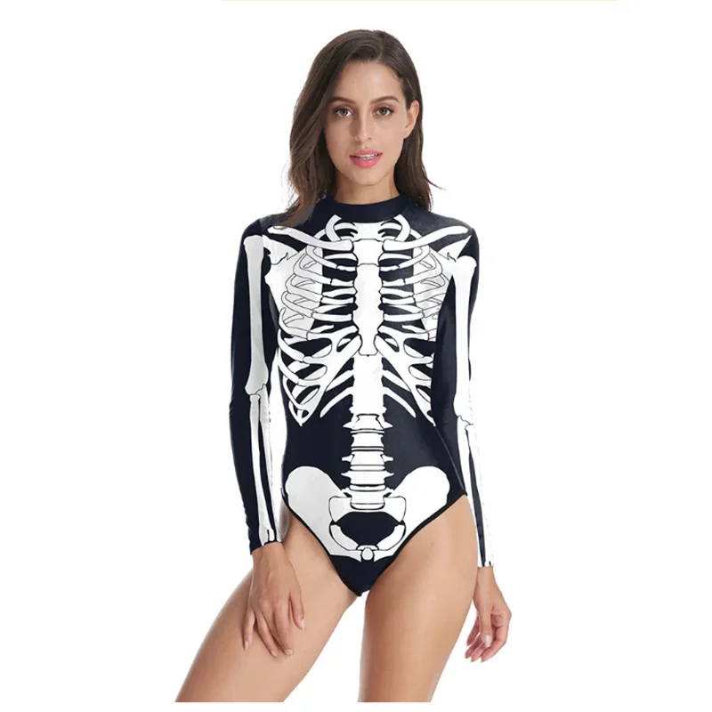 

Halloween Scary Human Skeleton Print Jumpsuit Long Sleeve Sexy Bodysuits Swimwear