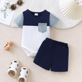 2Pcs Baby Boy Summer Set Color Blocked Short sleeved+Shorts Set suitable for 0-18 Month old male baby Sports and Leisure Set 1