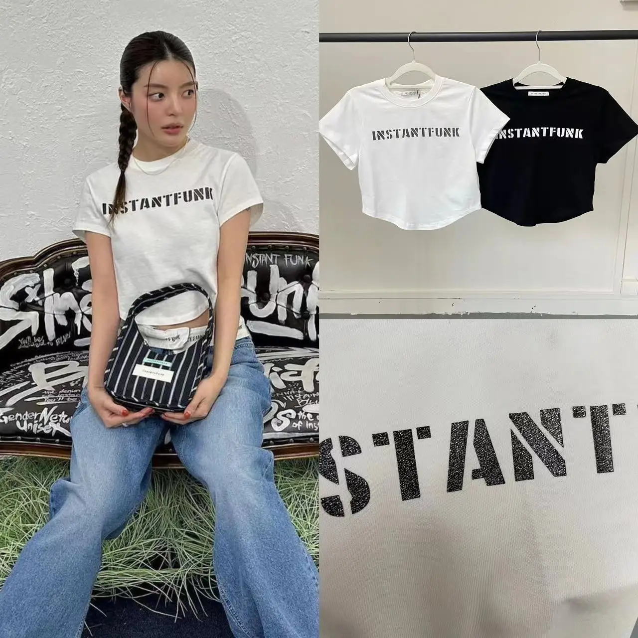 

South Korea INS slim 1032301 shirt letter printing asymmetric short navel short sleeve T-shirt