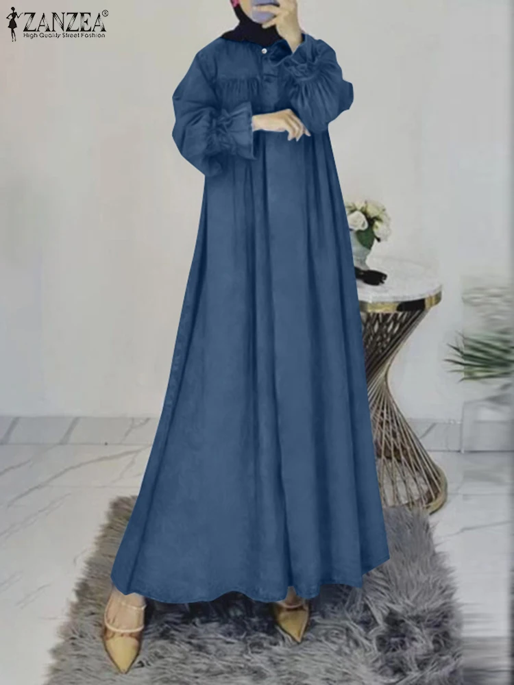 ZANZEA Turkey Denim-look Abaya Robes Women's Casual Hijab O Neck Muslim A-line Vestidos Long Flared Sleeves Islamic Long Dresses