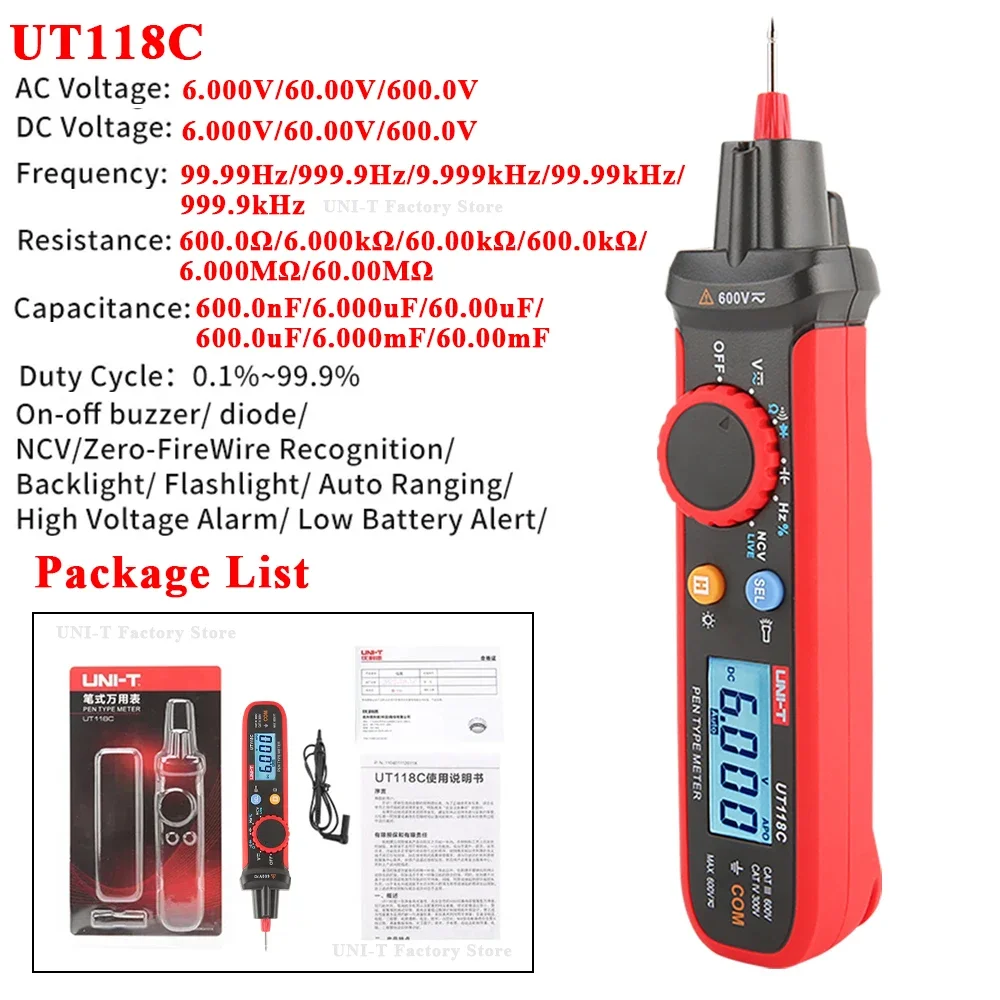 

UNI-T UT118C Pen Type Multimeter Digital 6000 Counts AC/DC Voltage Resistance Capacitance Frequency Diode EF NCV Multi Tester