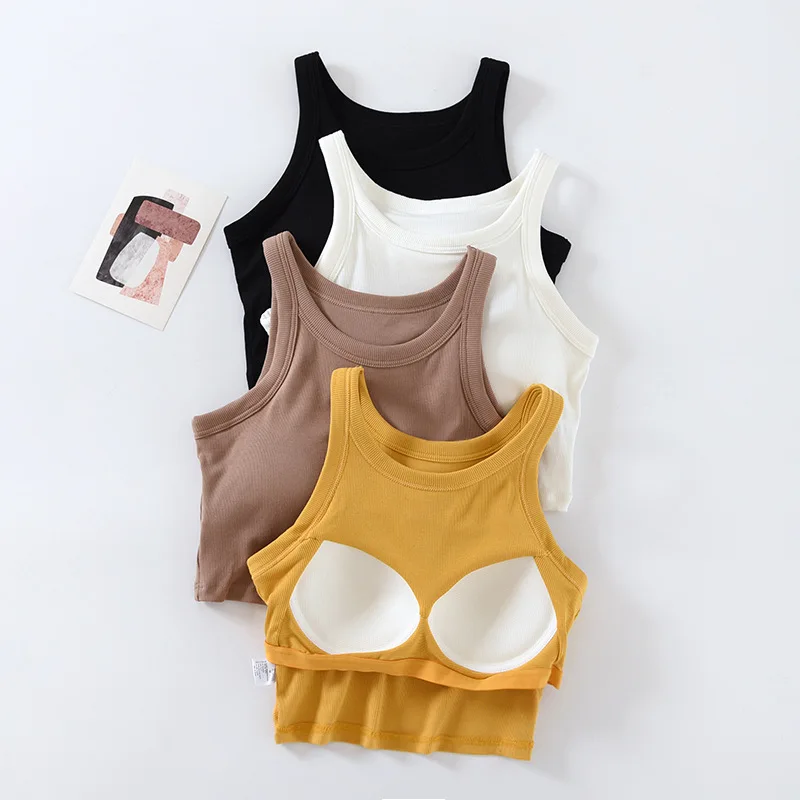 Ribbed Women's Camisole with Padded Bust Solid Color Crop Top Undershirts Base Layer Tops Tank Solid Color Female Camis C5536