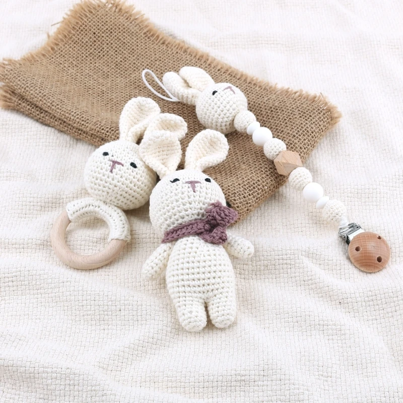 

Crochet Rabbit Pacifier Clip Baby Teether Rattle Handbell Unisex Boys Girls Gift