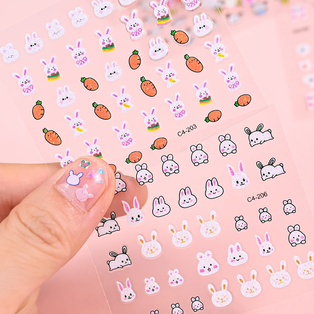 Children's Cartoon Rabbit Nail Stickers with Sequins and Glitter Colorful Flowers DIY Decal Kid Toy Kawaii Girl Ornaments 30pcs nail stickers,nail decals,nail art decoration,flower stickers