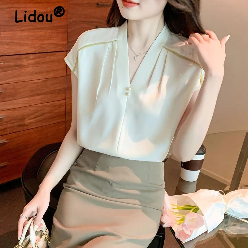 

Women Ruffle Beaded Chic Elegant Blouse Summer Fashion Simple Business Casual Office Lady Shirts V Neck Short Sleeve Tops Blusas