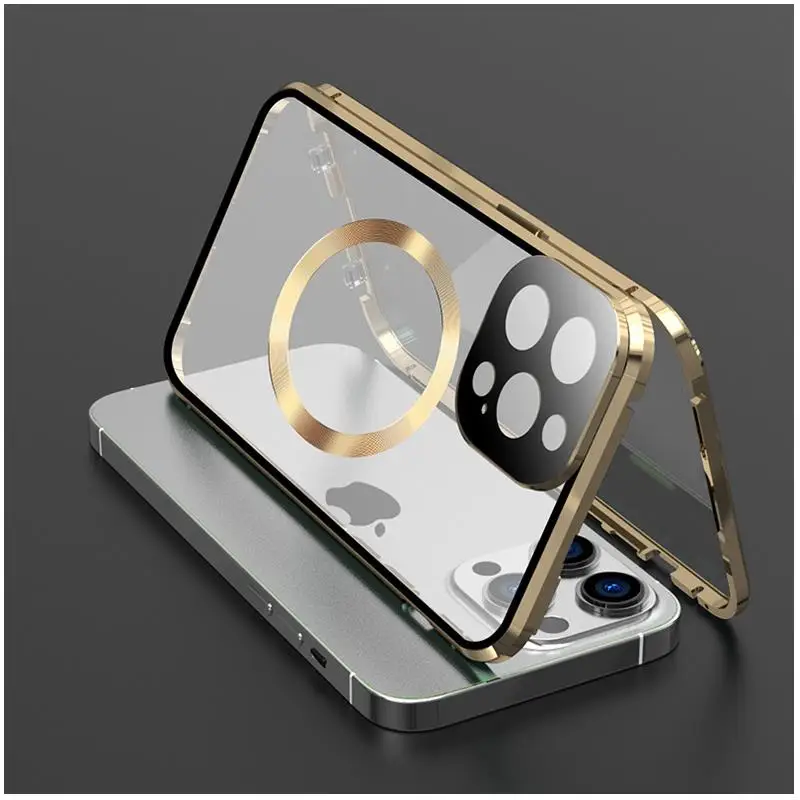 

For iPhone 15 14 12 13 Pro Max Case 360° Full Sealed Glass Metal border for Magsafe Magnetic Wireless charging Protective cover