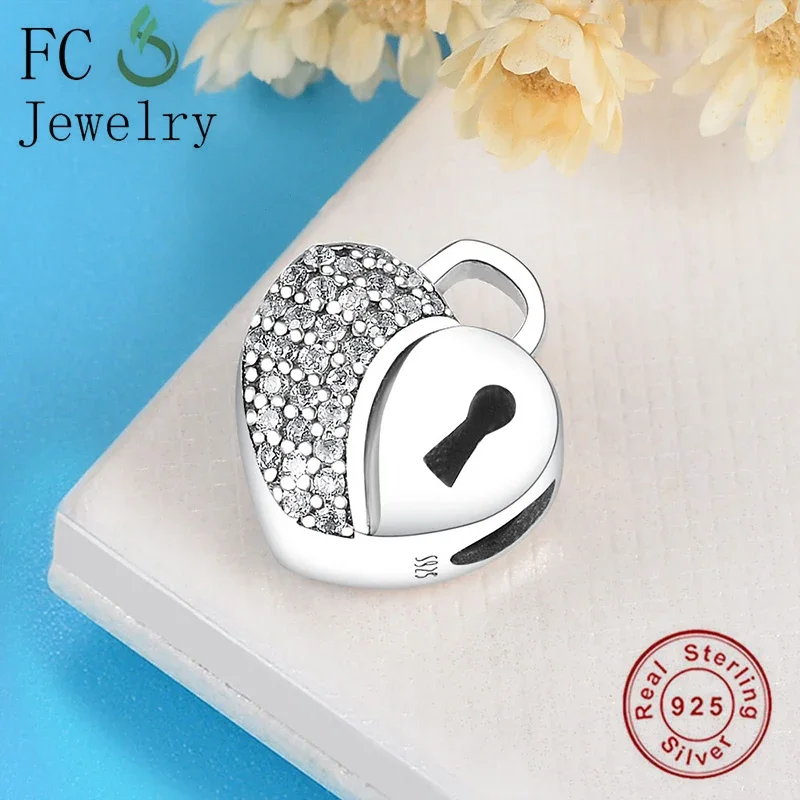 

FC Jewelry Fit Original Charms Bracelet 925 Sterling Silver Heart Lock Half Zircon Bead For Making Women Valentine Berloque 2022