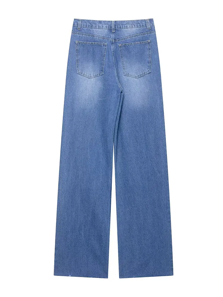 HH Women Fashion Knee Hole Jeans High Waist Zipper Wide Leg Denim Pants Vintage Y2k High Street Lady Trousers Ripped Jeans