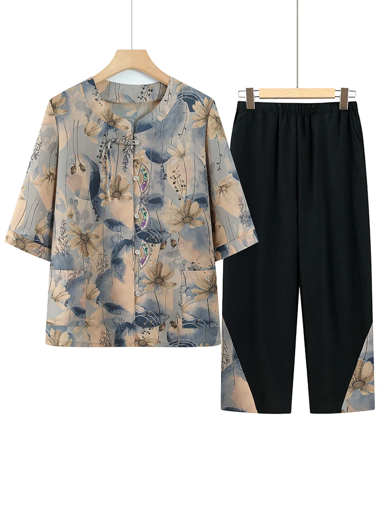 여름 엄마 패셔너블 스타일 작은 사이즈 셔츠 노인 여성 의류 티셔츠 와이드 레이디 할머니 옷 투피스 세트 캐주얼 루즈핏 자수 나인피스 바지 폴리에스터 섬유 오픈 가디건 얇은 모델 중국산