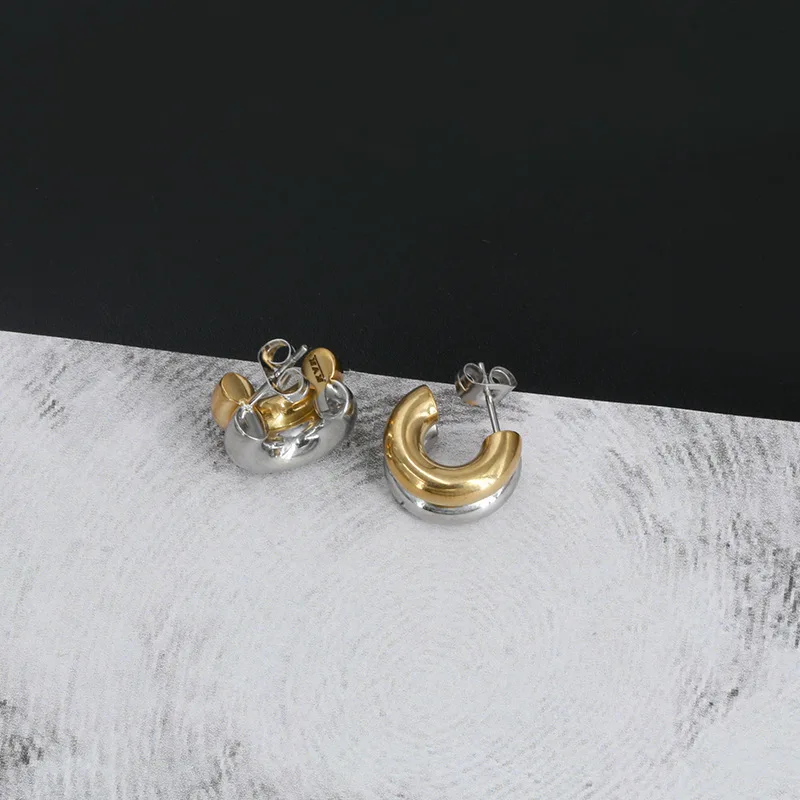 

New Stainless Steel Dual Color Earrings For Women's Jewelry Simple Personalized Thick Metal Earrings For Girls' Gift