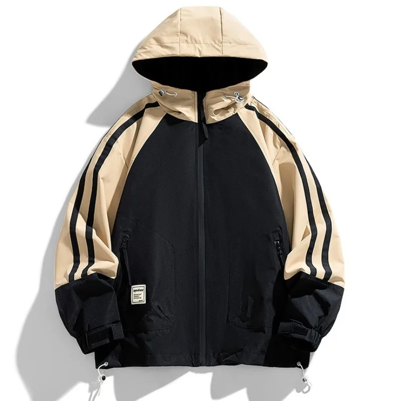 

Spring Outdoor Waterproof Jacket Men Hooded Patchwork Windbreaker Hiking Camping Thin Loose Streetwear Bomber Jacket Coats Men